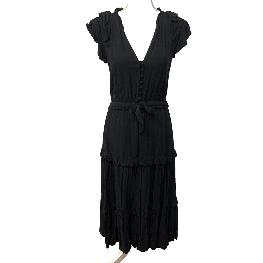 Paige Tiered Midi Dress Womens XS Black Drawstring Waist Whimsigoth Dark Fairy